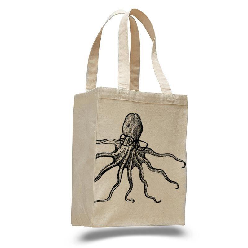 Octopus Wearing Glasses Cotton Canvas Natural Tote Bag.