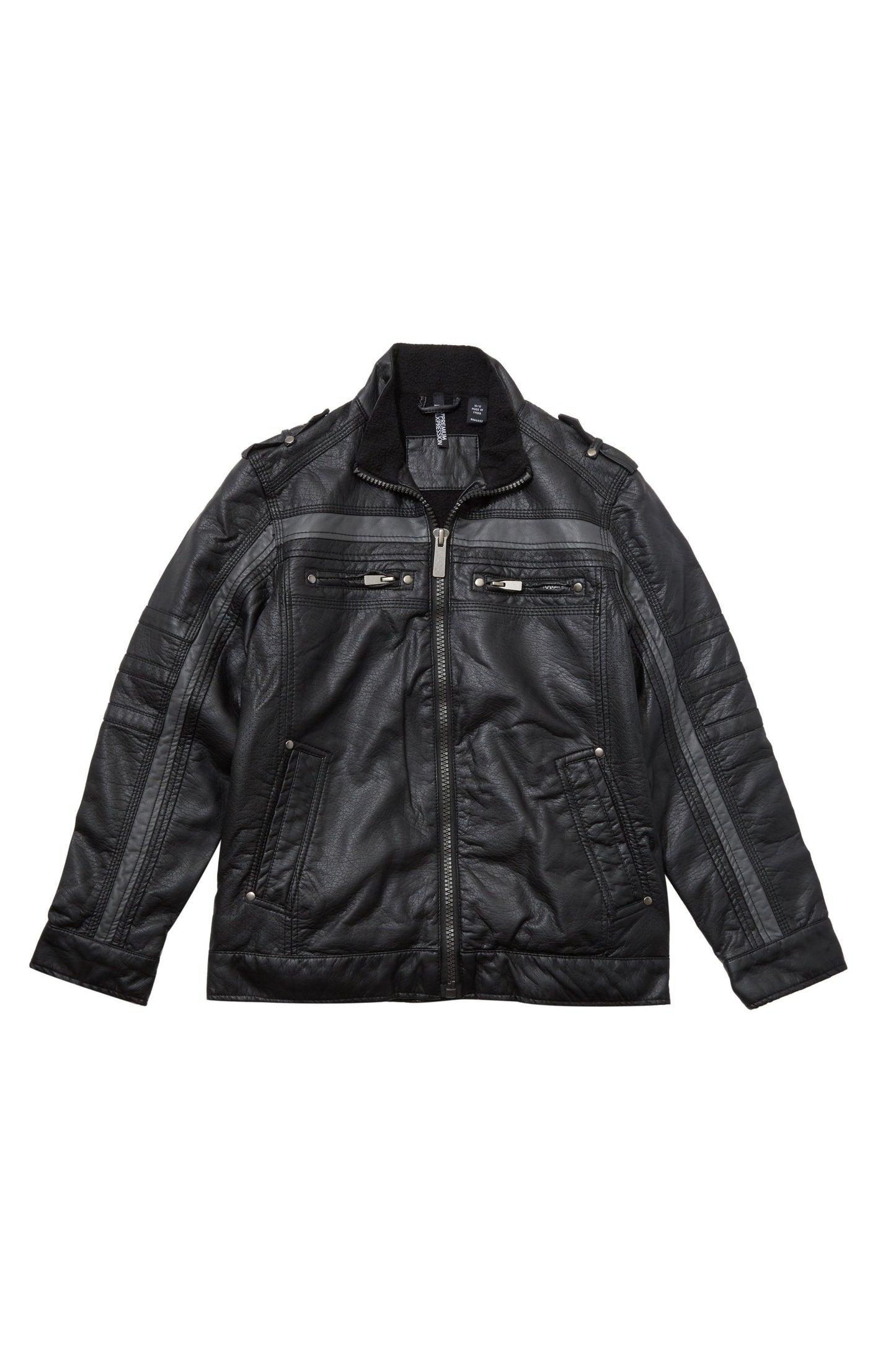 Vegan Leather Moto Jacket with Grey Stripe.