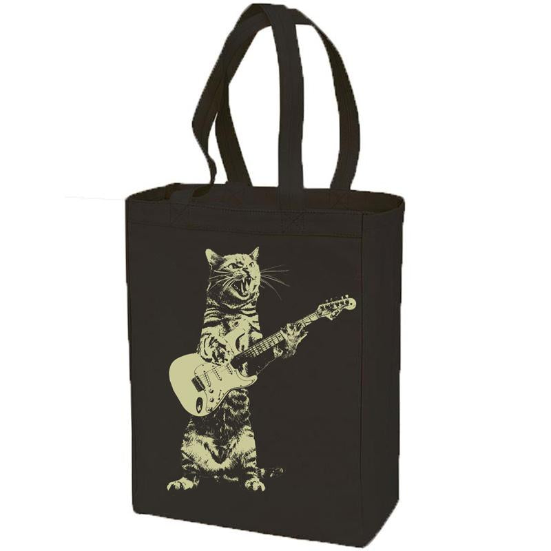 Cat Playing Guitar Cotton Canvas Tote Bag.